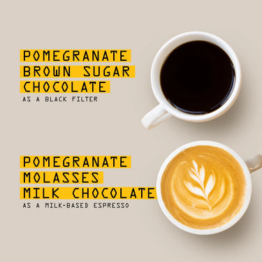 Two Rwanda Vunga Nº 329 cups by RAVE COFFEE on beige: one with medium roast (flavors—pomegranate, brown sugar, chocolate), one latte (with leaf art; flavors—pomegranate, molasses, milk chocolate).