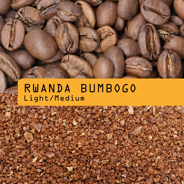 Close-up of whole Rwanda Bumbogo Nº 330 beans and ground coffee, separated by a yellow label with RAVE COFFEE branding, highlighting this fruity coffee’s natural process origins.