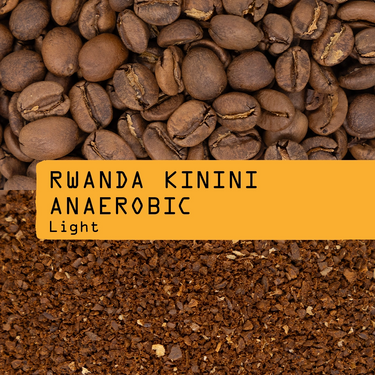 A close-up shows whole coffee beans above ground coffee, with a yellow label reading Rwanda Kinini Anaerobic Nº 331 by RAVE COFFEE—highlighting fruit-forward beans from the Kinini Washing Station.