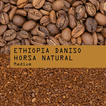 A close-up shows whole Ethiopia Daniso Horsa Natural Nº 332 coffee beans above ground coffee, overlaid with a brown label reading: RAVE COFFEE ETHIOPIA DANISO HORSA NATURAL Nº 332 Medium.