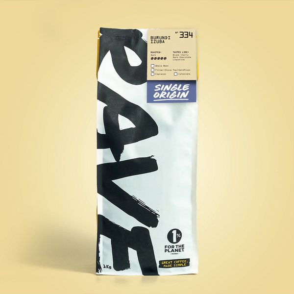 Coffee package with 'RAVE' branding on a beige background