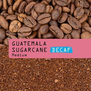 Close-up of whole coffee beans above ground coffee. Pink banner text: RAVE COFFEE Guatemala Sugarcane Decaf Nº 339, decaffeinated by the Sugarcane process. DECAF highlighted in blue.