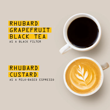 Two white cups on beige: one with black coffee labeled 