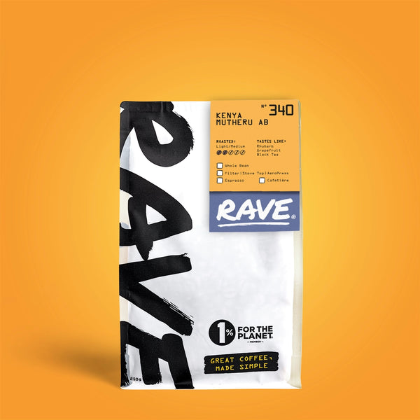 340 Kenya Mutheru AB 250g coffee bag front view showing brand and label details