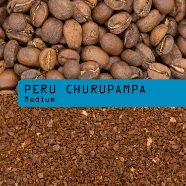 Coffee beans and ground coffee with 'PERU CHURUPAMPA Medium' label