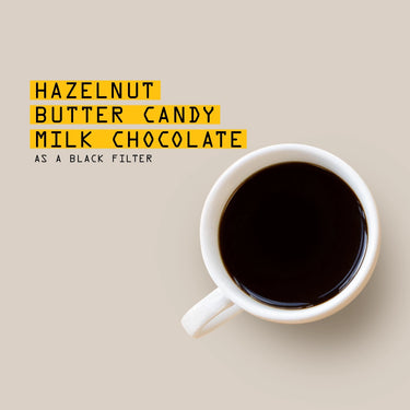 White mug with dark liquid on a beige background, text overlay 'Hazelnut Butter Candy Milk Chocolate as a Black Filter'.