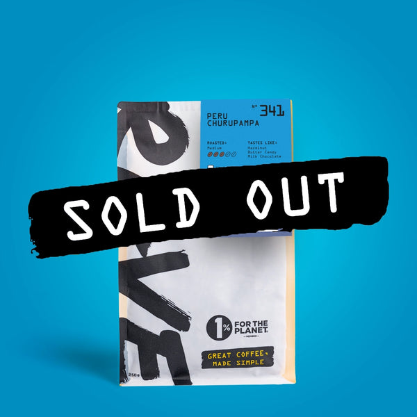 A bag of RAVE COFFEE with a blue background features a bold black banner across it that reads SOLD OUT in white letters. The label displays Peru Churupampa Nº 341 and highlights 1% for the Planet, noting tasting hints of chocolate and brown sugar.