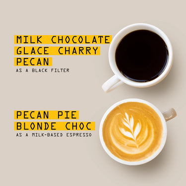 342 Mexico Café El Zapoteco as a black filter: milk chocolate glace cherry pecan. As milk-based espresso: pecan pie blonde chocolate