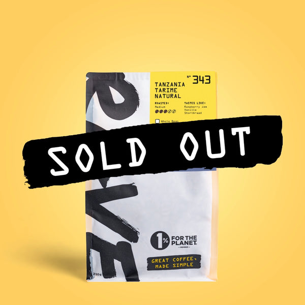 A bag of RAVE COFFEE Tanzania Tarime Natural Nº 343 with a yellow label is set against a yellow background. A black banner with white "SOLD OUT" text is displayed across the bag.