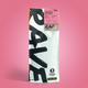 A white bag of RAVE COFFEE stands upright on a pink background, labeled Guatemala Esperanza Pacamara Nº 344. Bold black RAVE COFFEE text appears on the bag, with a coffee details label at the top.