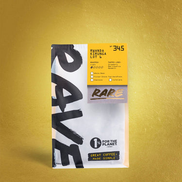 Coffee package with 'Rare' label on a gold background