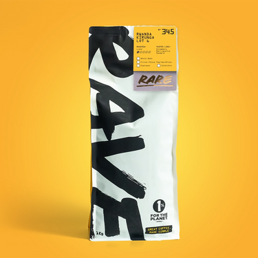 1kg coffee package with 'Raw' branding on a yellow background