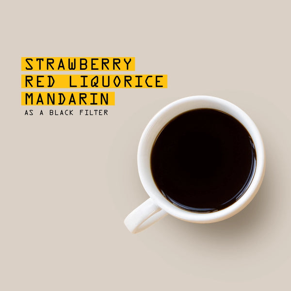 White mug with dark liquid on a beige background, text overlay 'Strawberry Red Liquorice Mandarin as a Black Filter'.