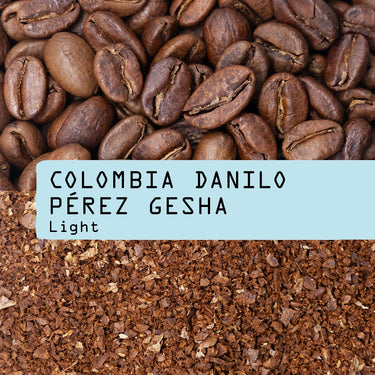Close-up of whole coffee beans above ground coffee, separated by a blue label that reads Colombia Danilo Pérez Gesha Nº 347 by RAVE COFFEE—gesha beans from Huila, Colombia featuring distinct tropical fruit notes.