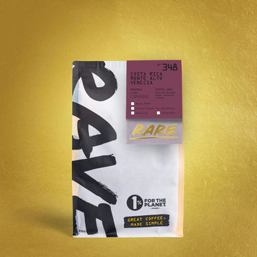Coffee package with 'RARE' branding on a yellow background