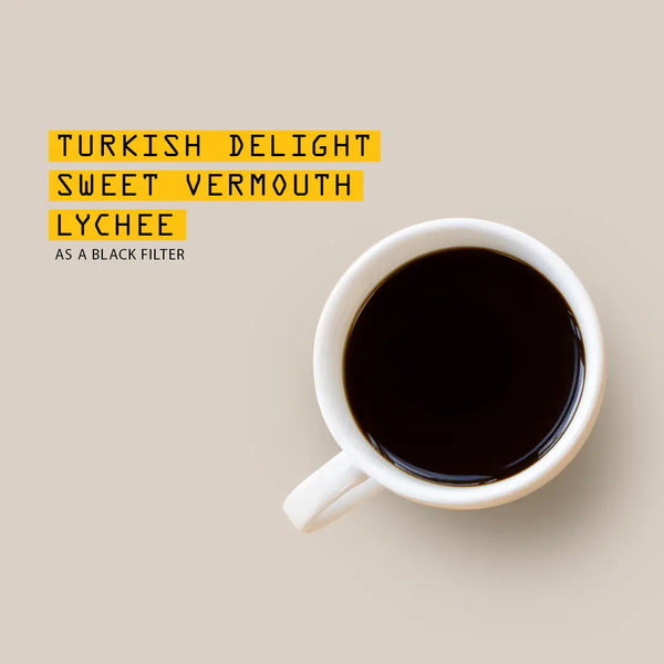 White mug with black coffee on a beige background, featuring tasting notes about Turkish Delight Sweet Vermouth Lychee.