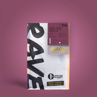 Coffee package with 'RARE' branding on a purple background