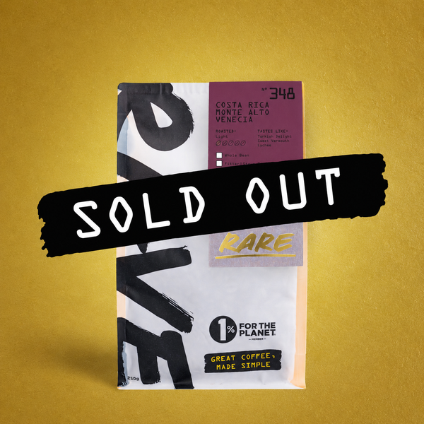 A bag of RAVE COFFEE labeled Costa Rica Monte Alto Venecia Nº 348, denoting high altitude coffee, features a bold black SOLD OUT stripe with white text across the front on a gold background.