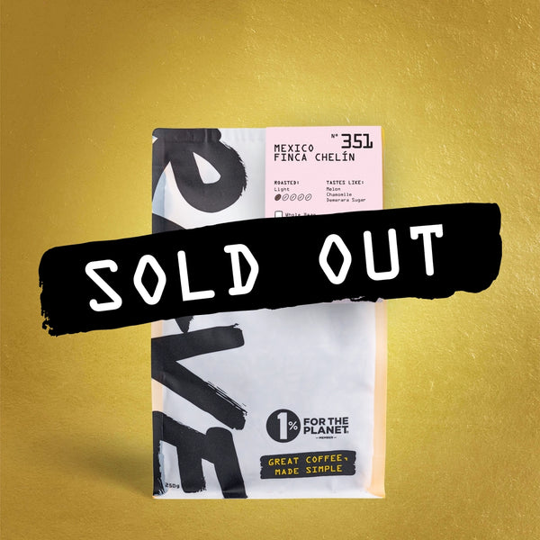 A coffee bag labeled Mexico Finca Chelín Nº 351 by RAVE COFFEE stands against a gold background with a bold black SOLD OUT banner. Enjoy this Mexican gesha varietal, honey-processed, and supporting 1% For The Planet.