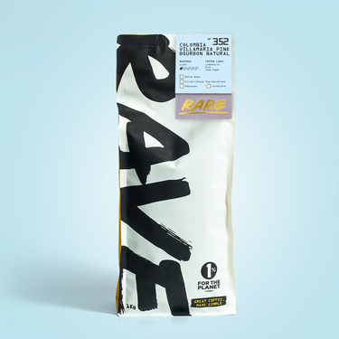 1kg Coffee package with 'RARE' branding on a light blue background