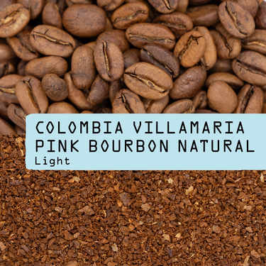 A close-up of whole beans above ground coffee, with a blue label reading Colombia Villamaria Pink Bourbon Natural Nº 352 by RAVE COFFEE—perfect for your next pour over.