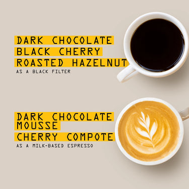 Two coffee cups with text describing different coffee flavors on a beige background