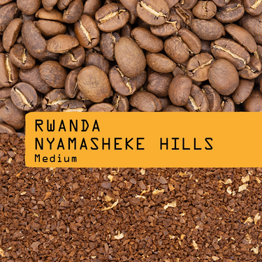 Coffee beans with a label indicating 'Rwanda Nyamasheke Hills Medium' on a brown background.