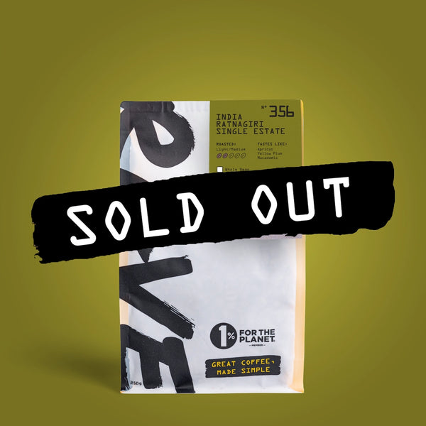 A bag of RAVE COFFEE India Ratnagiri Single Estate No° 356, famous for its tropical stone fruit notes, sits against an olive background with a bold black SOLD OUT banner across the packaging.