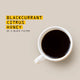 A white ceramic cup filled with black coffee on a light beige background, next to yellow text that reads 'BLACKCURRANT CITRUS HONEY AS A BLACK FILTER'.