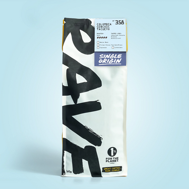Coffee package with 'RAVE' branding on a light blue background