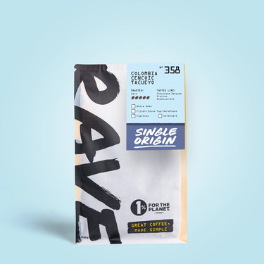 Coffee package with 'Single Origin' branding on a light blue background