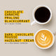 Two cups viewed from above: the top cup is RAVE COFFEE Colombia Cencoic Tacueyo Nº 358, the bottom a milk-based espresso with latte art. Coffee flavors and notes are labeled in yellow on a beige background.