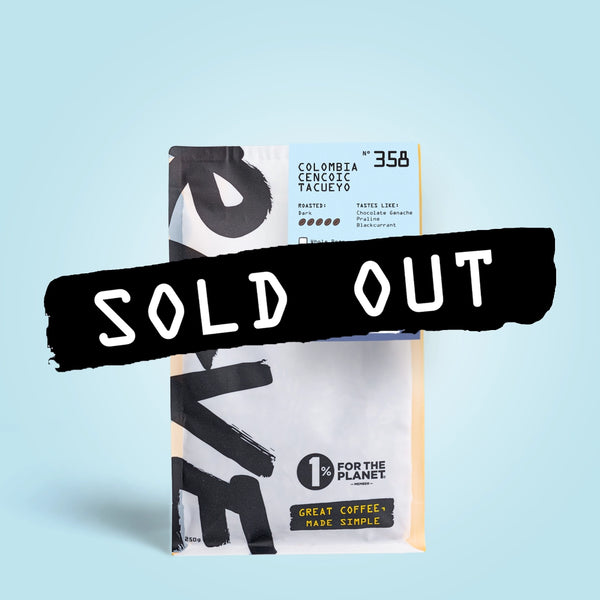 A bag of RAVE COFFEE’s Colombia Cencoic Tacueyo Nº 358 - £1 Earthquake Relief, marked as SOLD OUT, displayed against a light blue background.