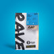 Coffee package with branding and certification logos on a blue background