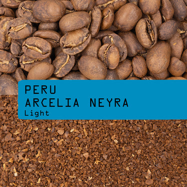 A close-up image displays whole Maragogipe coffee beans on top, ground coffee below, and a blue label in the center reading RAVE COFFEE Peru Arcelia Neyra Nº 359.