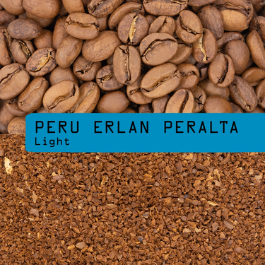 Coffee beans and ground coffee with 'PERU ERLAN PERALTA Light' text overlay