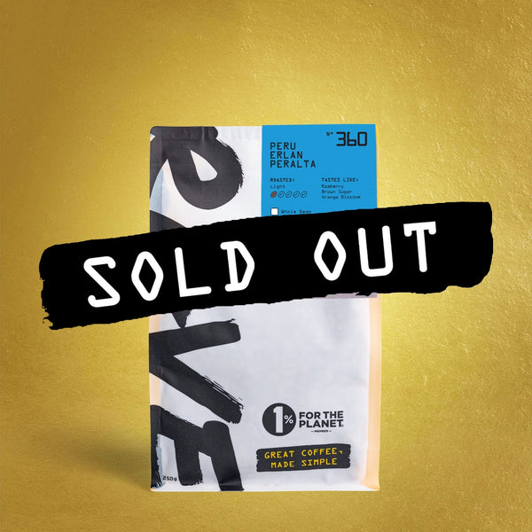 A bag of Peru Erlan Peralta Nº 360 specialty coffee by RAVE COFFEE with a black SOLD OUT banner across the center.