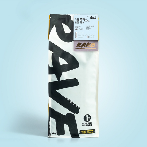 Coffee package with 'RAVE' branding on a light blue background