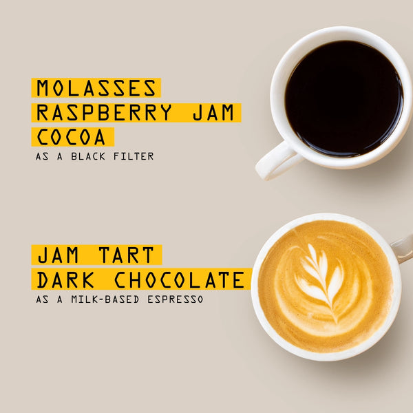Two coffee cups on a beige background with text reading 'MOLASSES RASPBERRY JAM COCOA AS A BLACK FILTER' and 'JAM TART DARK CHOCOLATE AS A MILK-BASED ESPRESSO'.