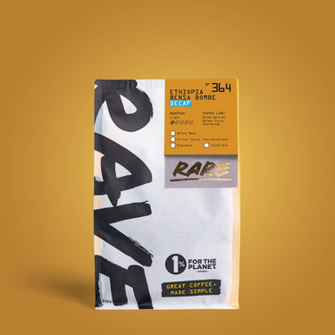 Coffee package with 'Rare' branding on a yellow background
