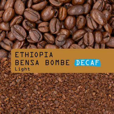 Coffee beans and ground coffee with 'Ethiopia Bensa Bombe Decaf' label.