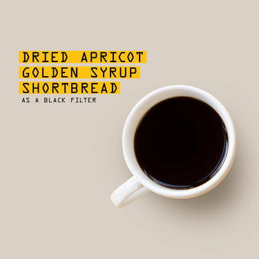 White mug with black coffee on a beige background, text overlay about dried apricot, golden syrup, and shortbread.