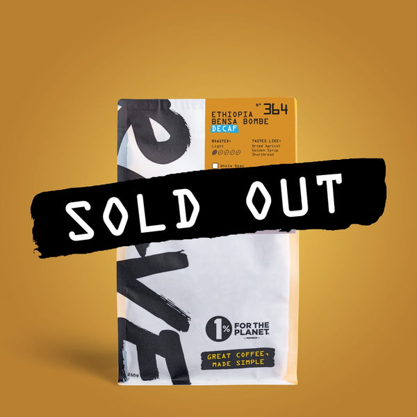 A bag of Ethiopia Bensa Bombe DECAF Nº 364 naturally processed sugarcane decaf coffee beans marked with a black SOLD OUT stamp across the front.