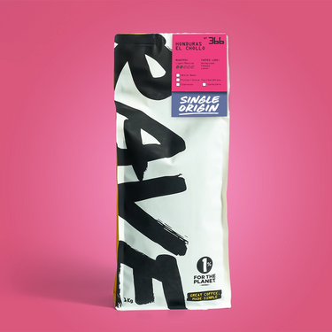 Coffee package with 'Rave' branding on a pink background