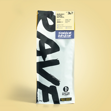 Coffee package with 'Rave' branding on a beige background