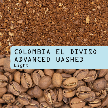 A close-up product graphic for coffee beans showing roasted coffee beans at the bottom, coarse ground coffee at the top, and a light blue text banner across the center reading 'COLOMBIA EL DIVISO ADVANCED WASHED Light'.