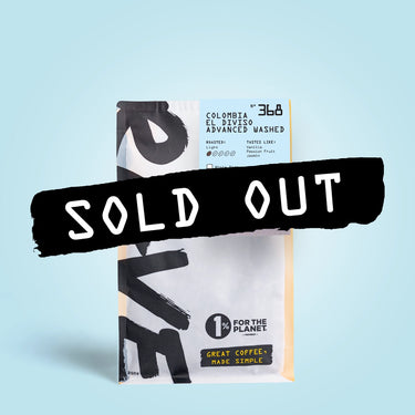 A bag of RAVE COFFEE Colombia El Diviso Advanced Washed Nº 368 - £1 Earthquake Relief with a prominent black Sold Out stamp across the front.
