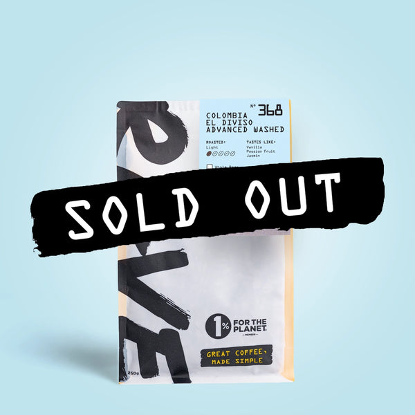 A bag of RAVE COFFEE Colombia El Diviso Advanced Washed Nº 368 - £1 Earthquake Relief with a prominent black Sold Out stamp across the front.
