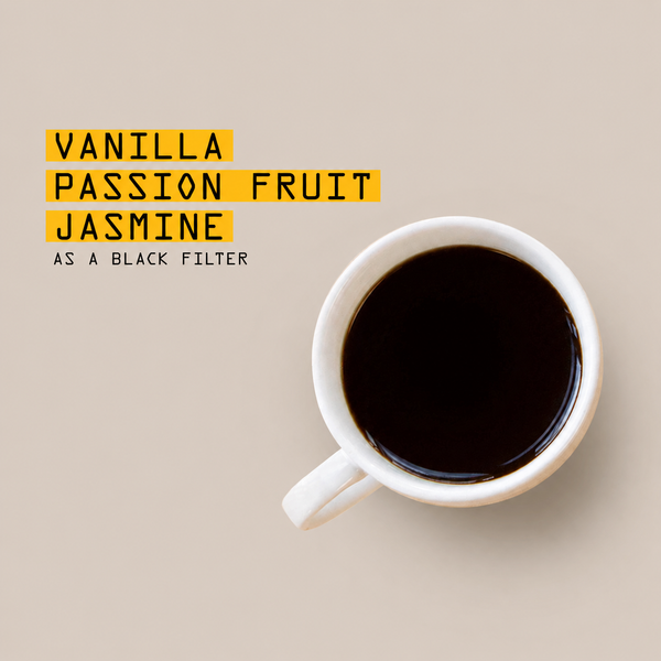 A cup of Colombia El Diviso Advanced Washed Nº 368 by RAVE COFFEE sits on a light beige surface. Text reads: Vanilla, Passion Fruit, Jasmine as a black filter, with the first three words highlighted in yellow blocks.