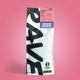 A single bag of coffee stands upright against a solid pink background. The bag is white with large black brushstroke lettering and a pink, blue, and yellow label area near the top.